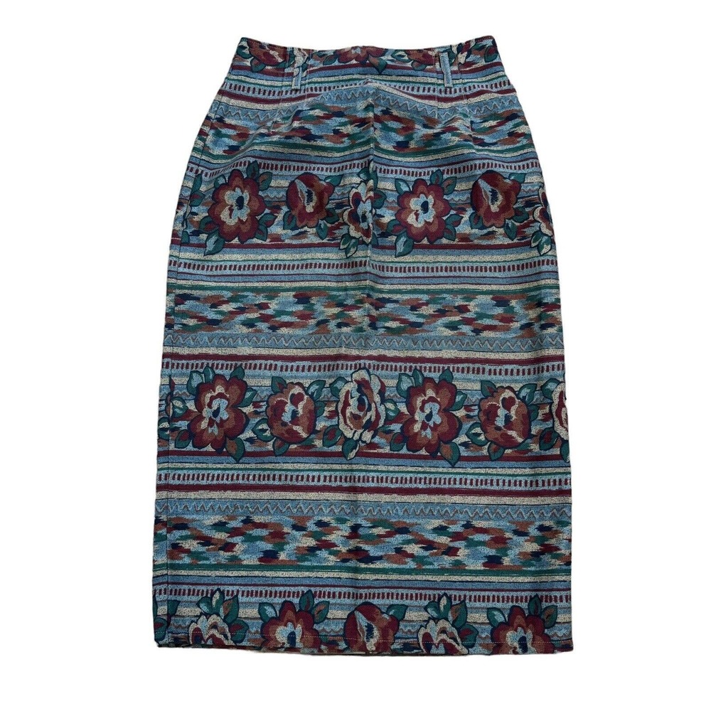 Vintage Vivaldi Jean Skirt Women's 14 Aztec Southwestern Floral Multicolor Denim